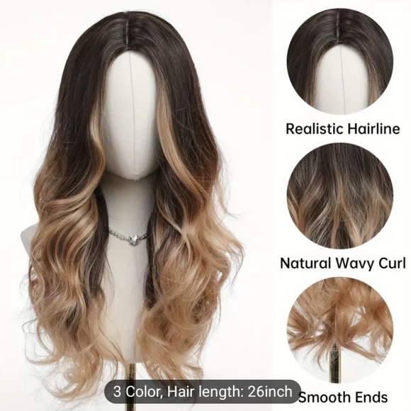 26 Inch Synthetic Women's Wig Brown Long Wavy Hair With Highlight Elegant Sassy - Picture 2 of 5
